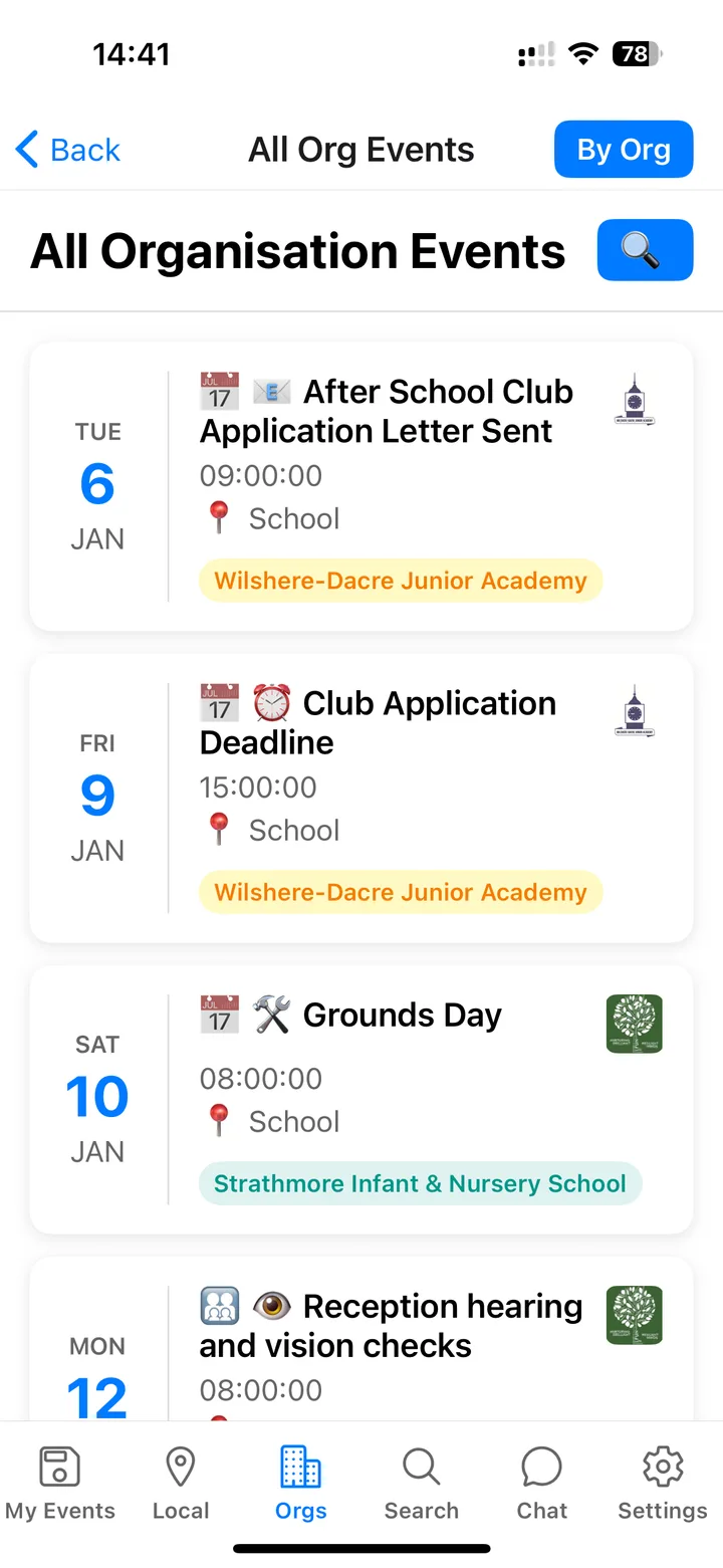 Calendar Go app showing upcoming events from two schools, each with its own badge